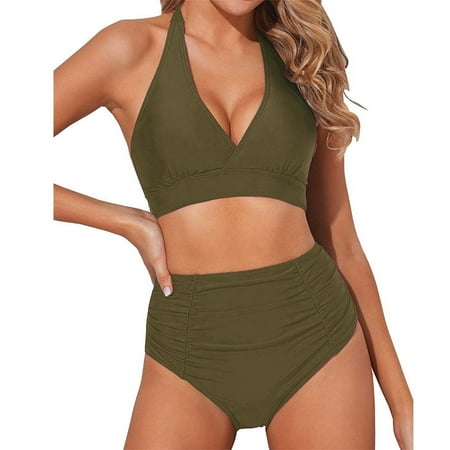 Rigardu Hot Sale!! Women s Bikini Swimsuits Two Piece Tummy Control Bathing Suit V Neck Twist Front Halter High Waisted Swim Suits Two Vintage Swimsuit Bathing Suit with Bottom Army Green Xxl