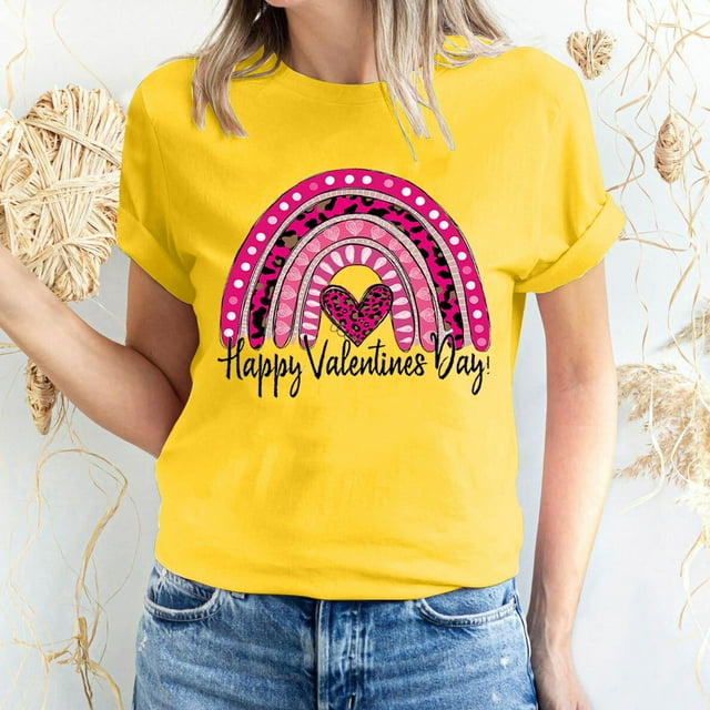 Meichang Hauts pour Femmes Chemise Tendance de la Saint-Valentin Hauts Mignons Imprimé Cœur Hauts de Vacances Manches Courtes Col Rond Décontracté Chandail Blouses