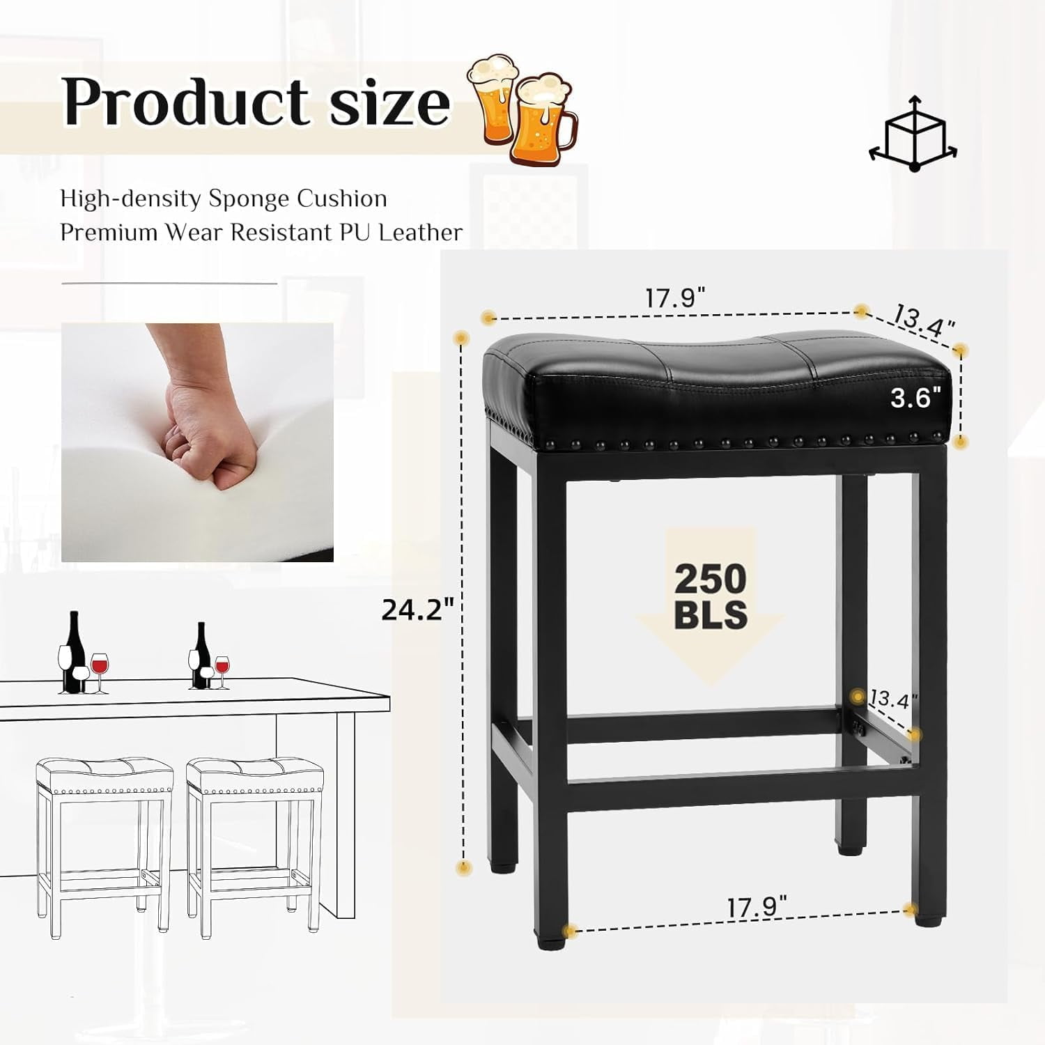 24" Backless Bar Stools, Set of 4 Counter Height Bar Stools, Leather Saddle Counter Stool, Black