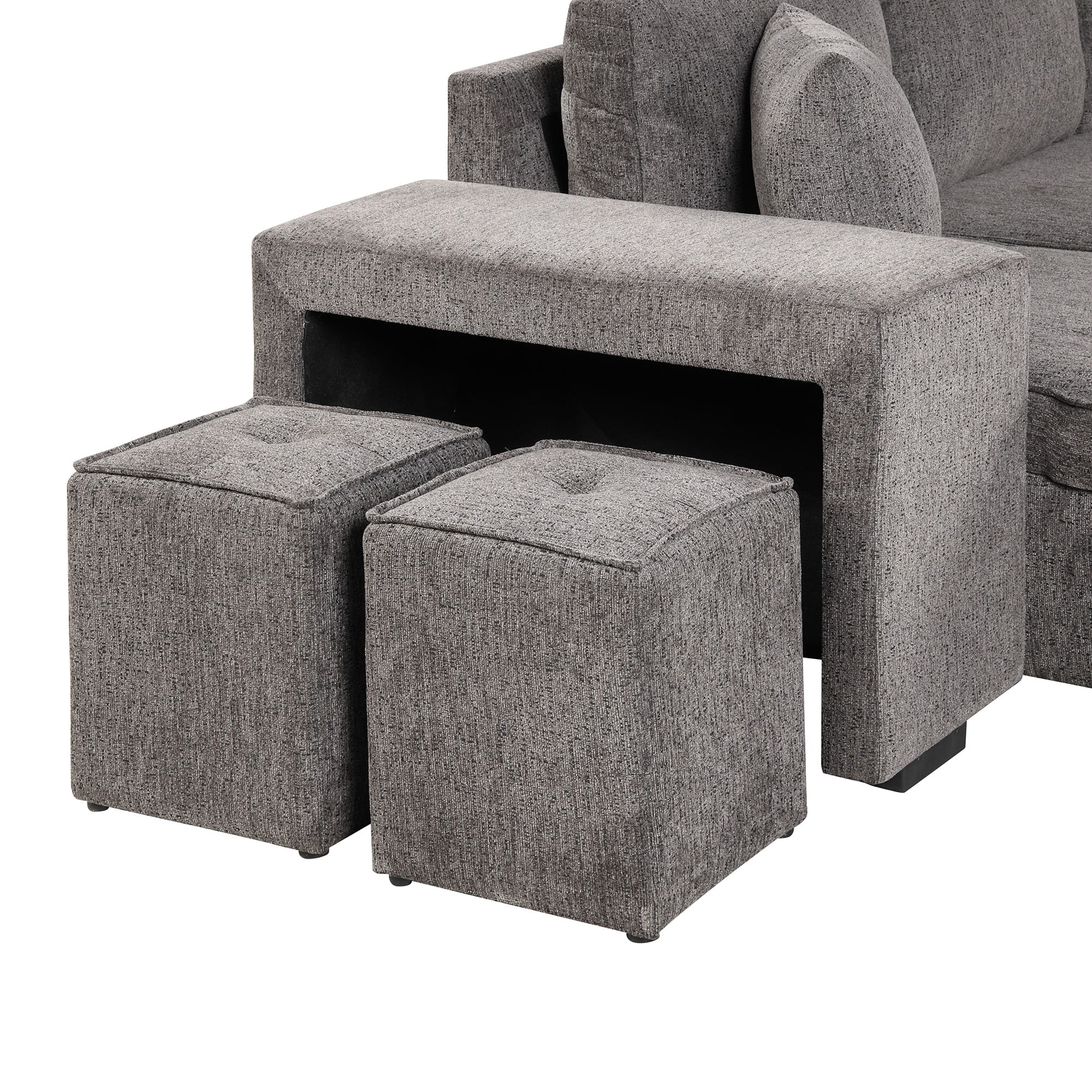 104.5" 3 Seat Reversible Sectional Couch, L-Shape Modern Pull Out Sleeper Sofa with Storage Chaise and 2 Stools for Living Room,Gray