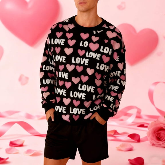 Mifsaly Mens Valentines Day Sweatshirt Hearts Print Long Sleeve Shirts Valentine Gifts Blouse Girlfriend Date Pullover Tops Spring Outfits XL