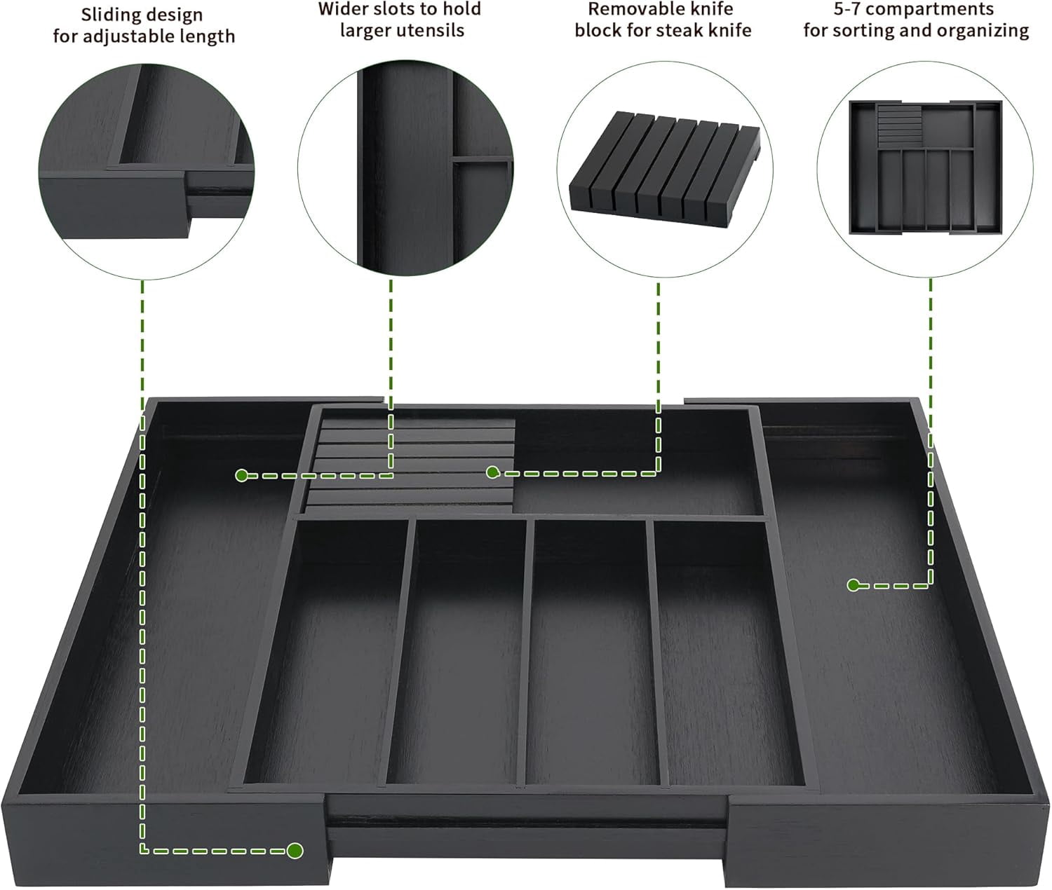 Utoplike Premium Bamboo Silverware Drawer Organizer, Expandable Utensil Tray with Removable Knife Block, 5-7 Compartments for Flatware (Black)