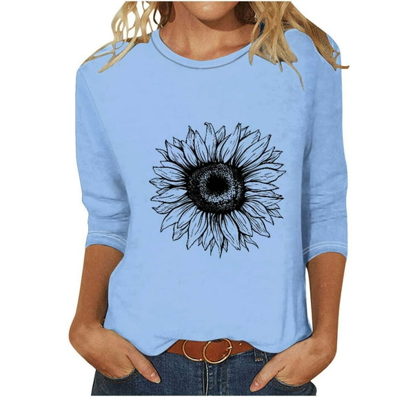 KIHOUT New Arrivals Womens Tops 3/4 Sleeve Shirts Round Neck Loose Casual Blouses Floral Graphic Print T-shirts