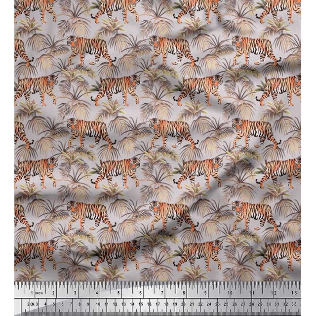 Soimoi Poly Georgette Fabric Leaves & Tiger Jungle Print Fabric by Yard 52 Inch Wide