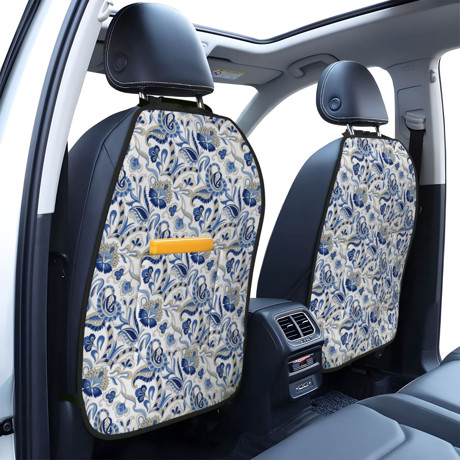 Xecao Blue Paisley Pattern Car Seat Back Protector 2 Pack Large Capacity Pocket, Kick Mats Back Seat Protector