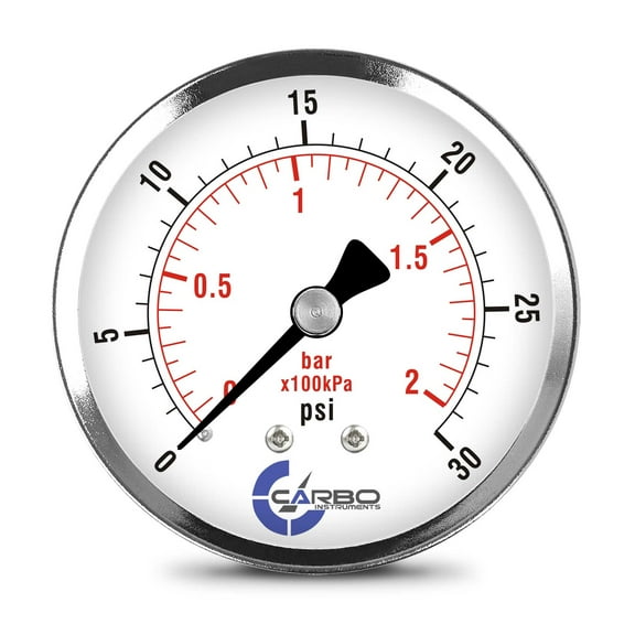 CARBO Instruments 2- 1/2" Pressure Gauge, Chrome Plated Steel Case, Dry, 0-30 psi/kPa, Back Mount 1/4" NPT