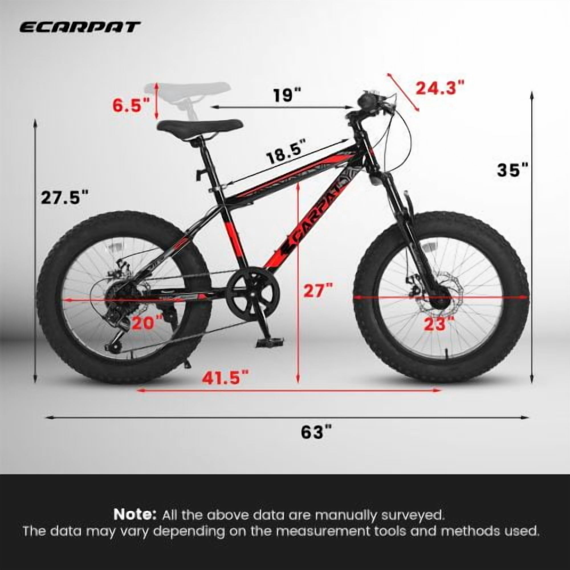 Tyethy 20 inch Wheels Mountain Bike for 15+ Years, 4" Wide Fat Tire Snow Bicycles with Disc Brakes and Front Suspension, High Carbon Steel Frame, 7-Speed, Red