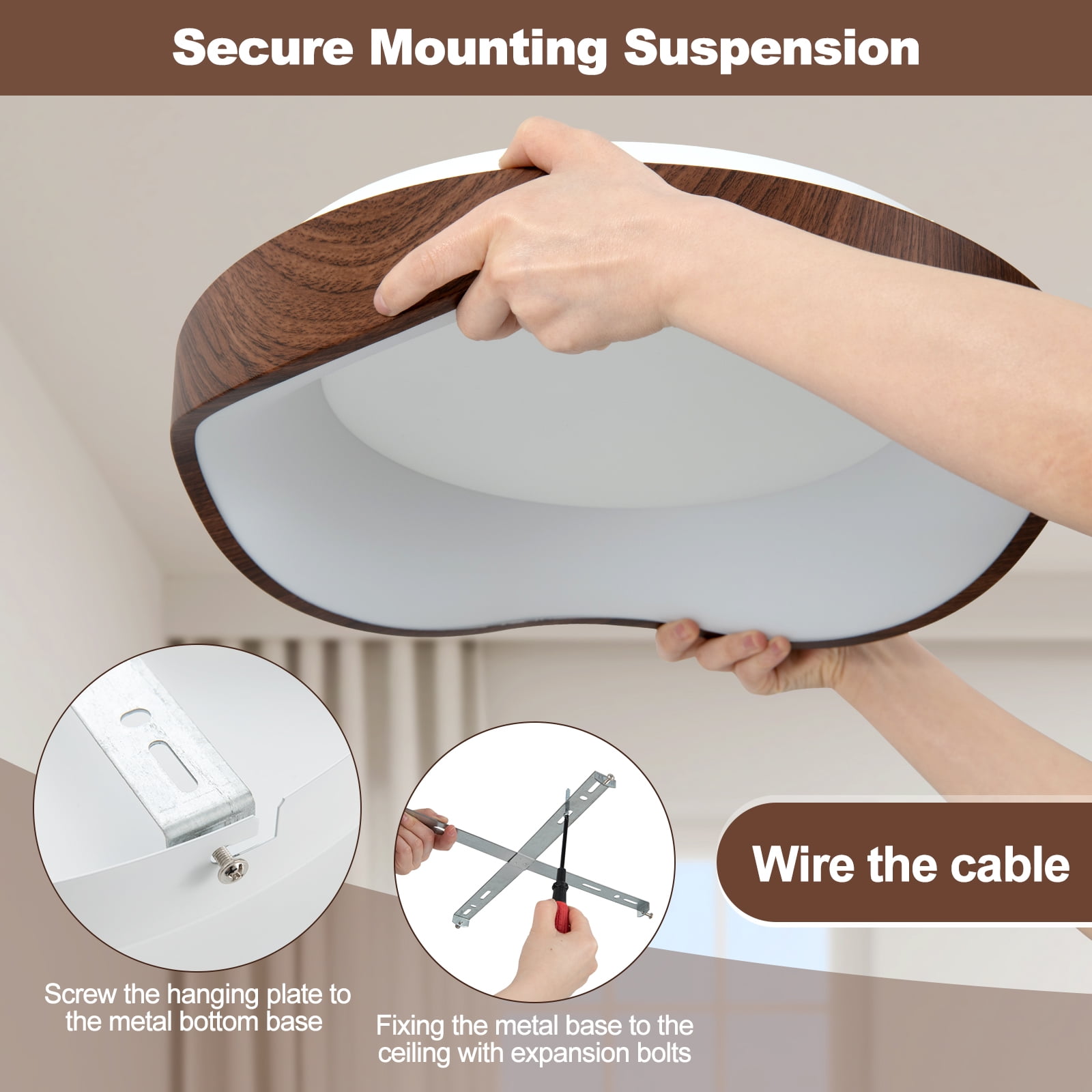 Giantex Round LED Flush Mount Ceiling Light, Ceiling Lamp w/Metal Frame, Brown