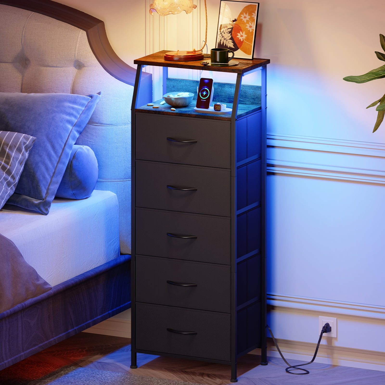 Eunos Black Tall Nightstand with Charging Station and LED for Bedroom, 5 Drawer with Storage Shelfs