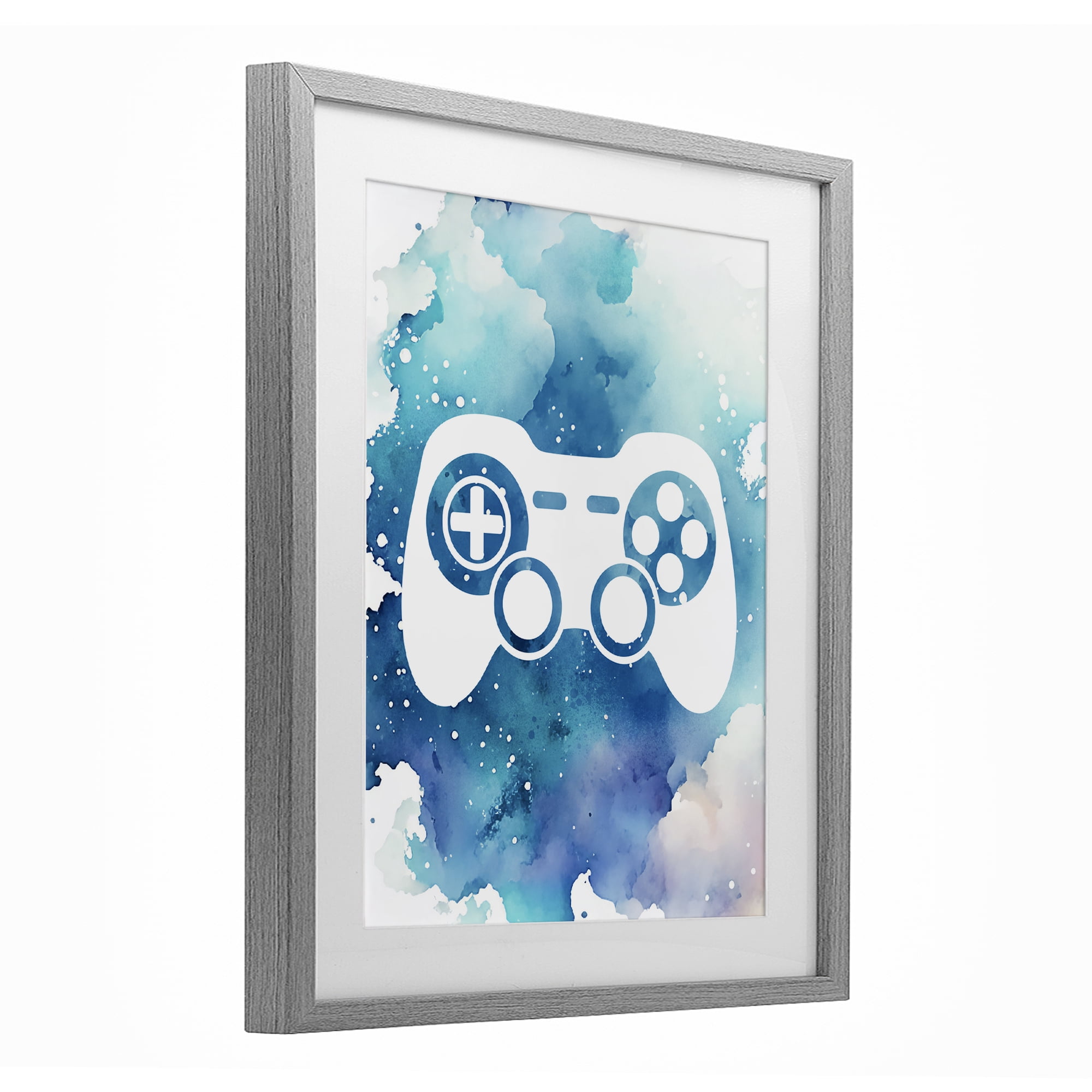 Blue Controller Splatter Gray Framed Print Under Glass, design by Marcus Prime