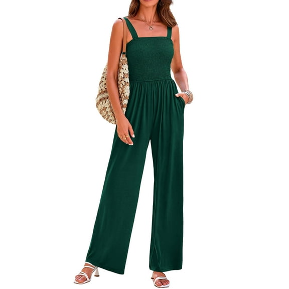 FreshPretty Womens Jumpsuit Summer Casual Loose One Piece Overalls Smocked Sleeveless Wide Leg Rompers With Pockets