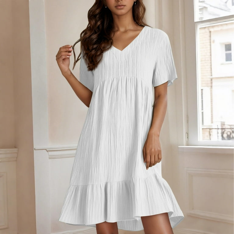 Sundresses for Women Over 50 Knee Length Cotton Linen Ruffle Tiered Layered  Smock Midi Dresses V Neck Short Sleeve Work Beach Dresses White L -  Walmart.com