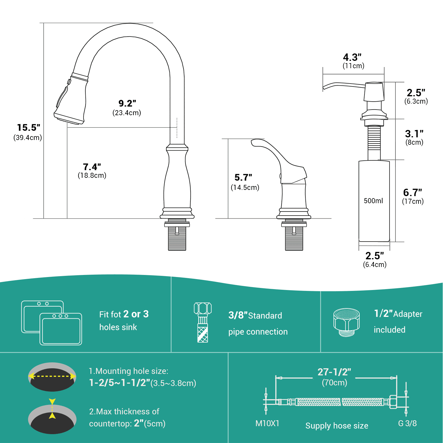 Appaso 3 Hole Kitchen Faucet with Pull Down Brushed Nickel 211BN