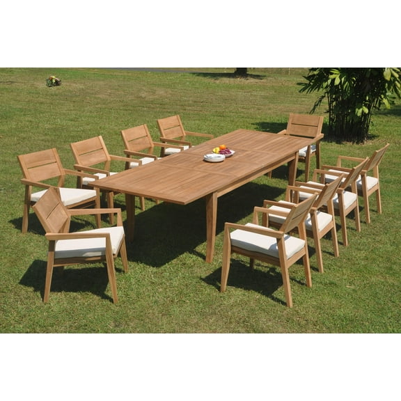 Grade-A Teak Dining Set: 10 Seater 11 Pc: 122" Atnas Double Extension Rectangle Table And 10 Vellore Stacking Arm Chairs WholesaleTeak #WMDSWVm