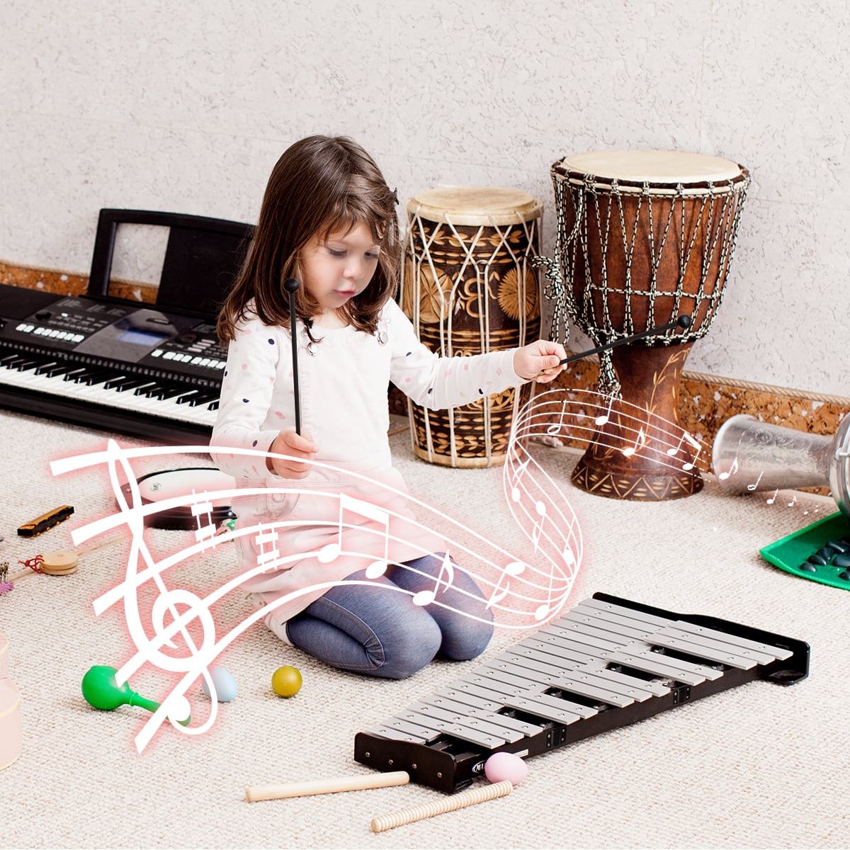 Costway 30 Notes Percussion Glockenspiel Bell Kit with Practice Pad Mallets Sticks Stand