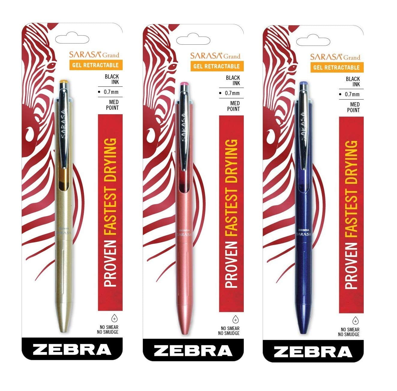 Zebra Sarasa Grand, Retractable Gel Ink Pen, Gold Barrel, Medium Point, 0.7mm, Black Ink, 1-Count (3, Gold, Navy, Rose Gold)