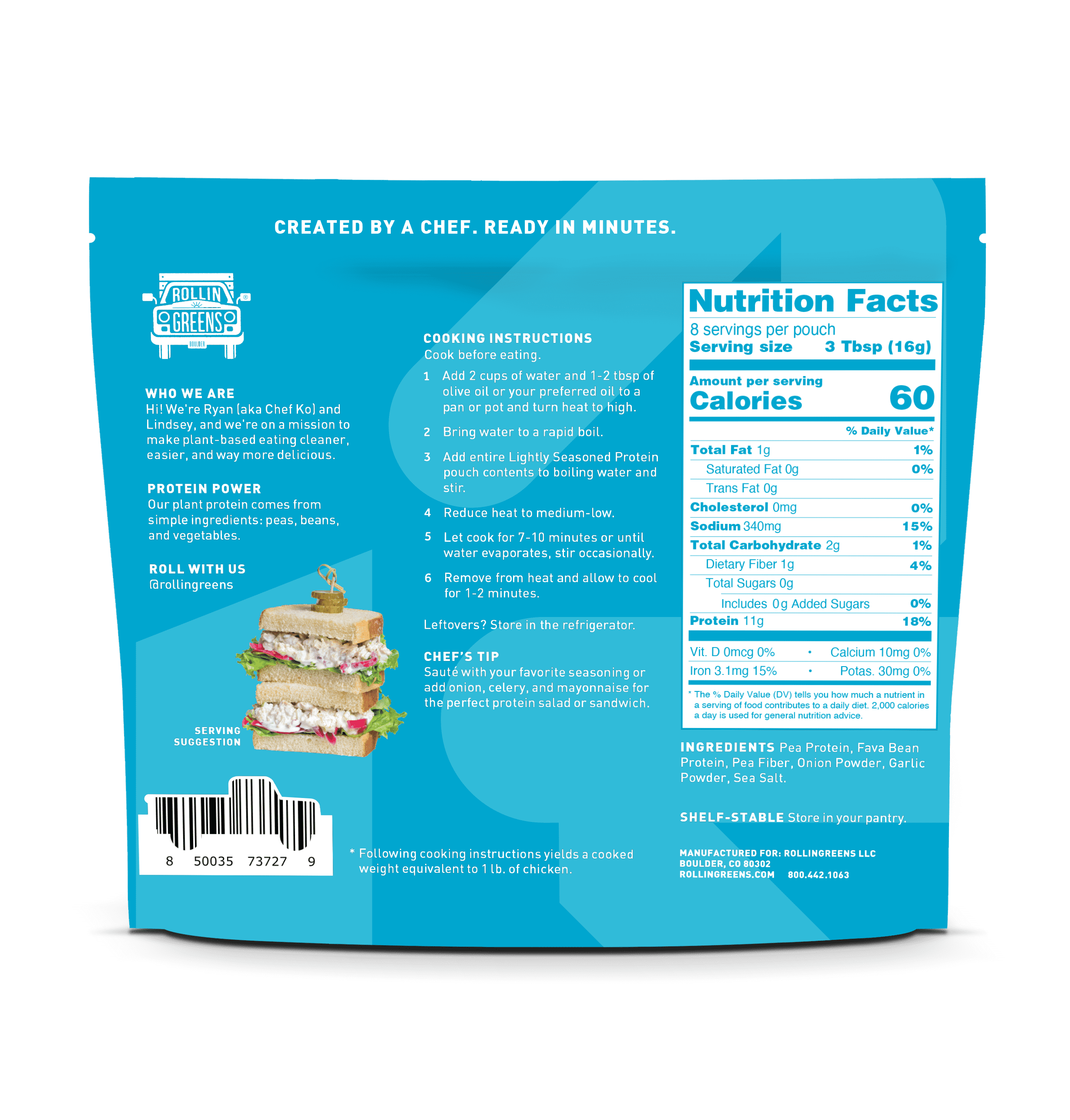 (12 pack) RollinGreens Plant-Based Classic CHIC'KEN Chopped, 4.5 oz Pouch, 1 Count