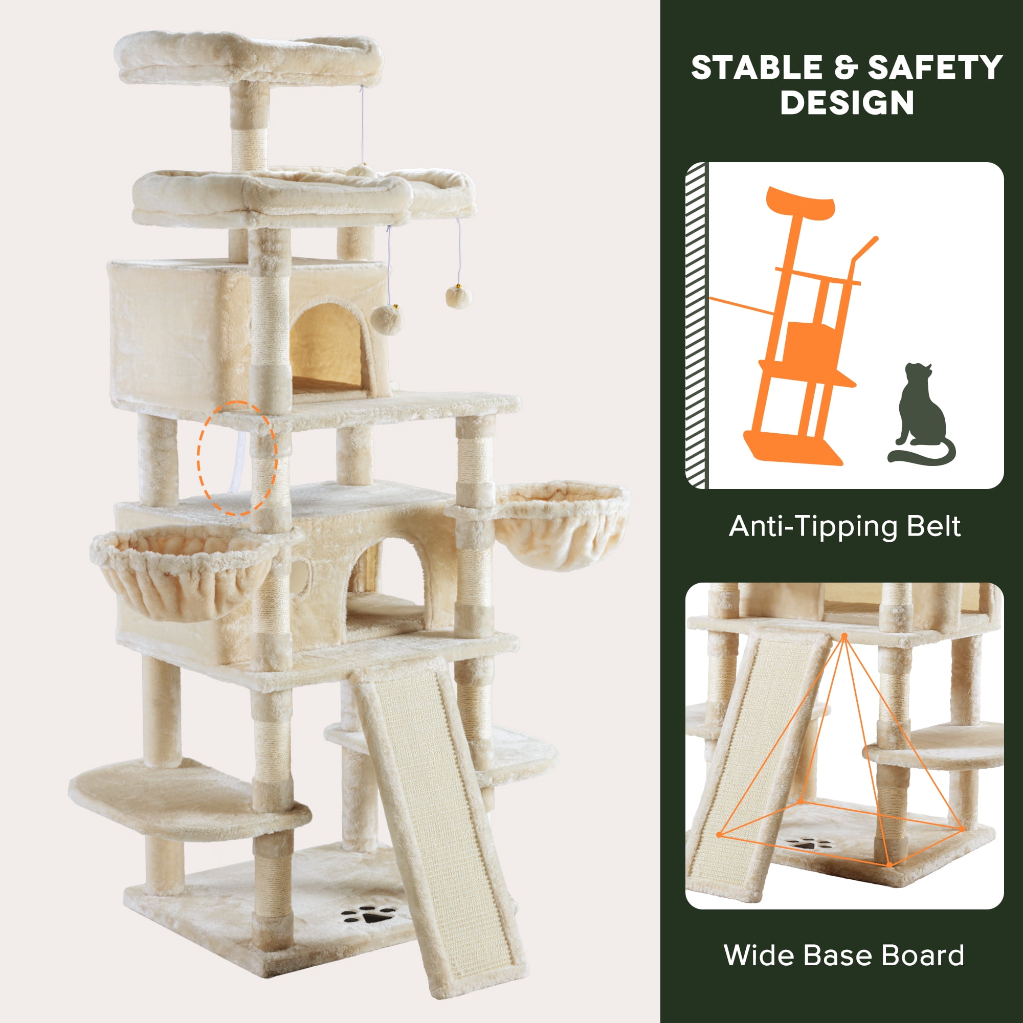 Einfach 68" X-Large Cat Tree and Tower with Condo Houses, Scratching Board & Posts for Indoor Cat, Beige