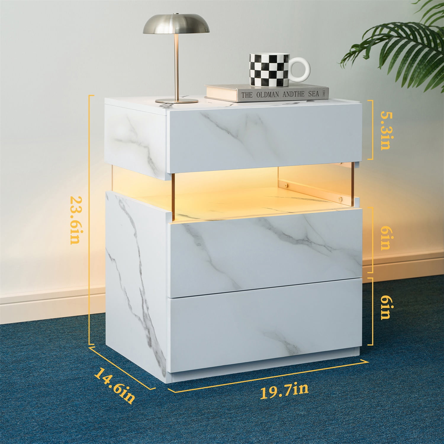 Hommoo 3 Drawer Dresser LED Nightstands, End Table Bedside Tables for Bedroom, Living Room, White Stone