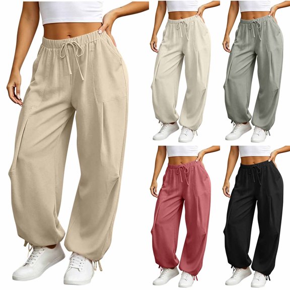 Feancey Womens Baggy Sweatpants Adjustable Ankle Cuffs Wide Leg Pants Elastic Waist Drawstring Athletic Joggers Solid Color Casual Trousers with Pockets Beige L