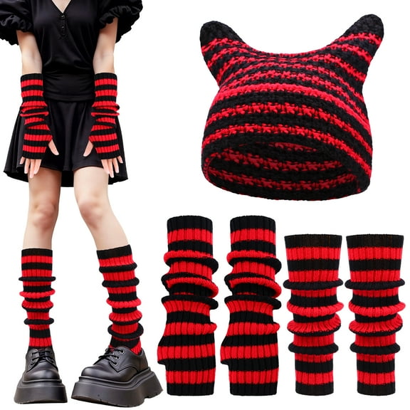 Bocaoying 5 Pcs Y2k Beanie Hats Set for Women, Cute Knitted Striped Arm Warmers Leg Warmers 80s Crochet Cat Ear Beanie Grunge Accessories