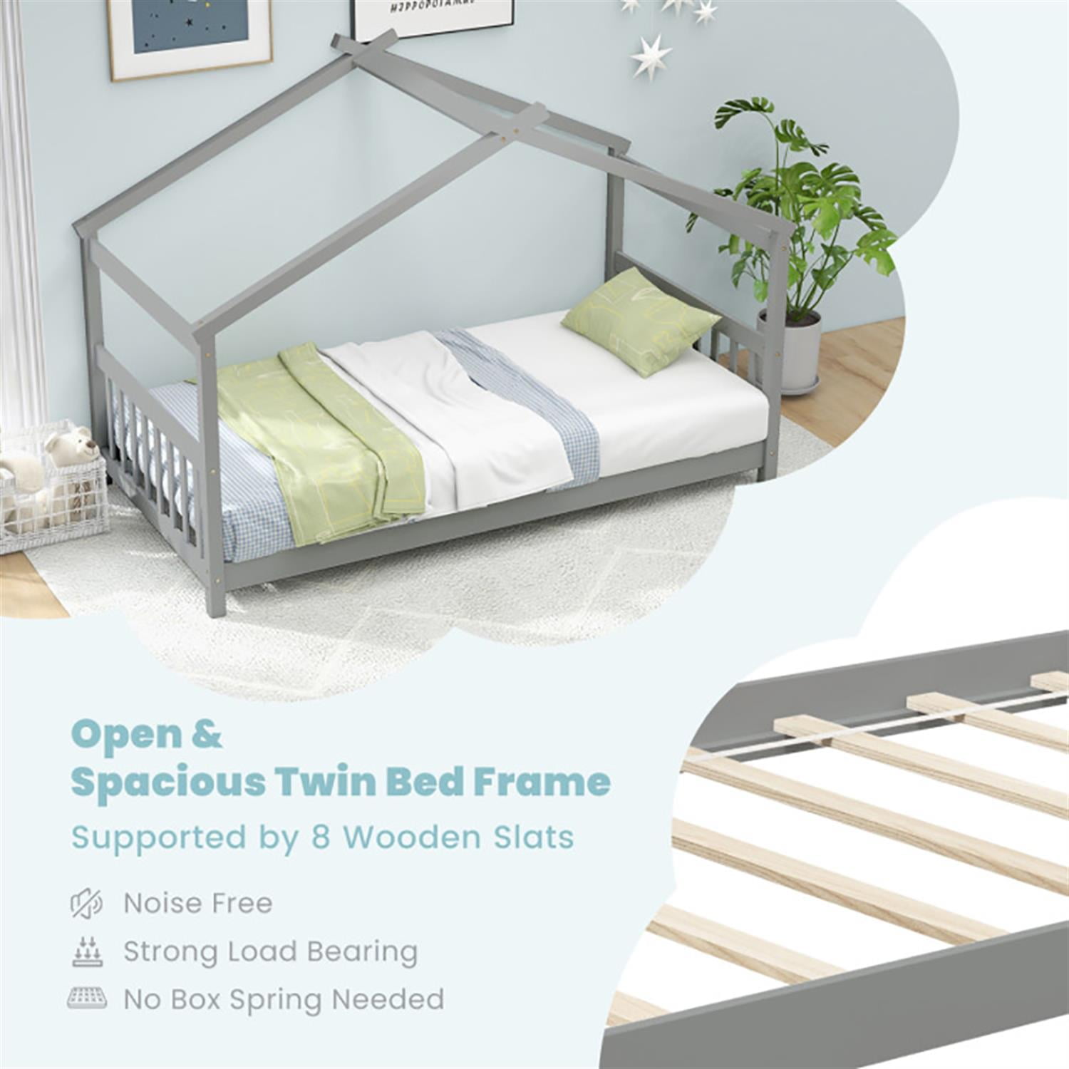 Demi Bonn Twin Size Wooden House Bed Frames with Roof, Modern Platform Floor Bed Frames for Teens, Gray