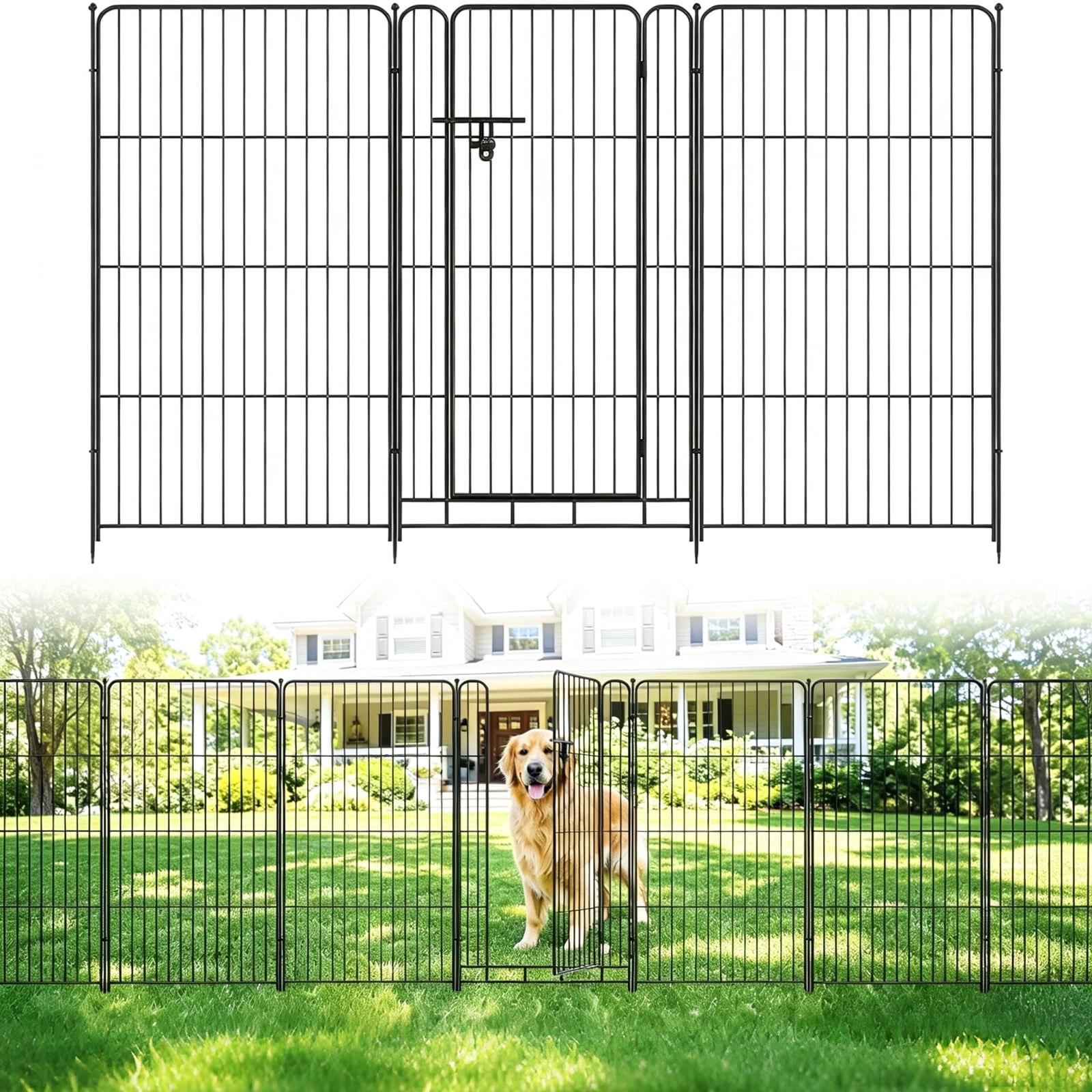 CazToi 8-Panel Iron Garden Fence with Gate, 48" H, Heavy-Duty Outdoor Metal Fencing