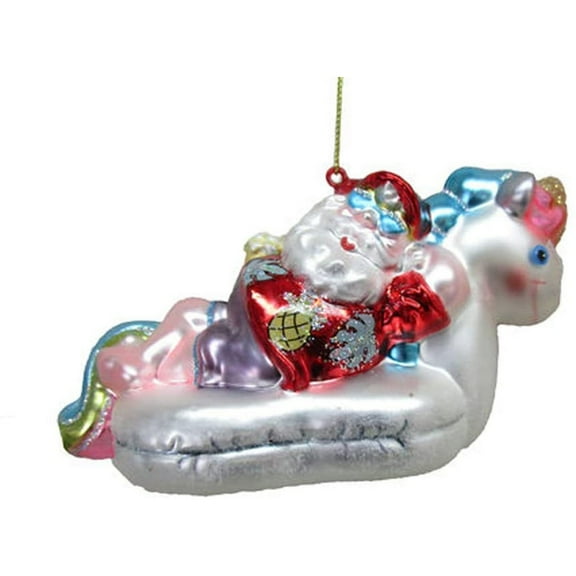 Blown Glass Santa In A Unicorn Float Ornament