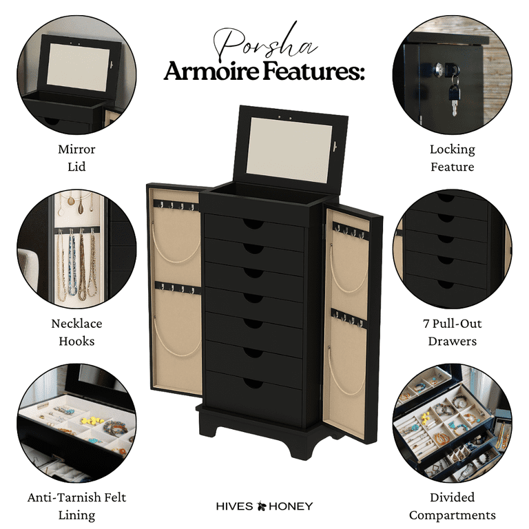 Hives & Honey Port Elegant Charcoal Jewelry Armoire: Freestanding