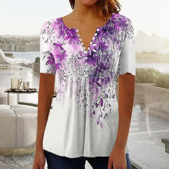 Fengqque 2025 Women's V-Neck Pleated Button Short Sleeve Printed Top