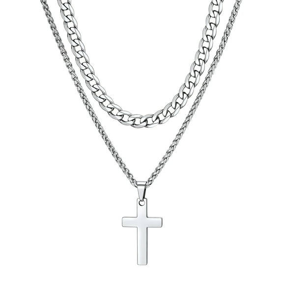 ChainsHouse 2pcs Layer Necklaces for Men Women Cross Pendant Cuban Link Chain Stainless Steel Jewelry Set Christmas Birthday Valentine's Day Gift, 18"
