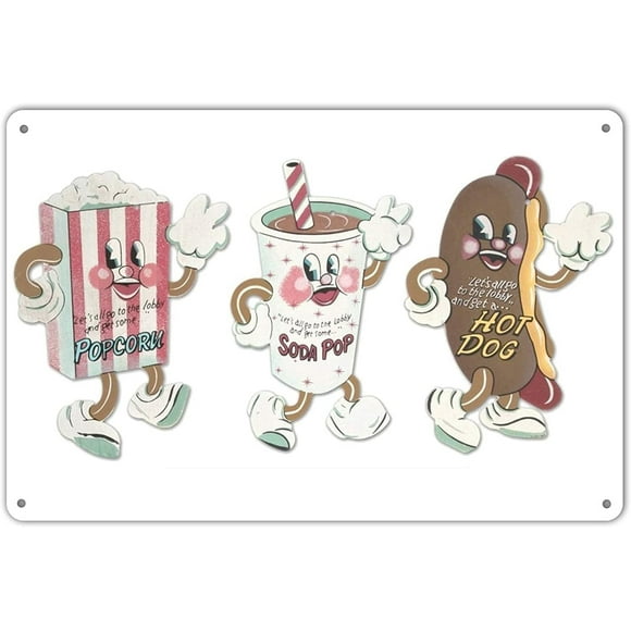 Shop Garage Rustic Plate Dancing Snacks- Hot Dog, Soda Pop, Popcorn Retro Metal Signs 12x8 Personalized Wall Decor Room Tin Sign