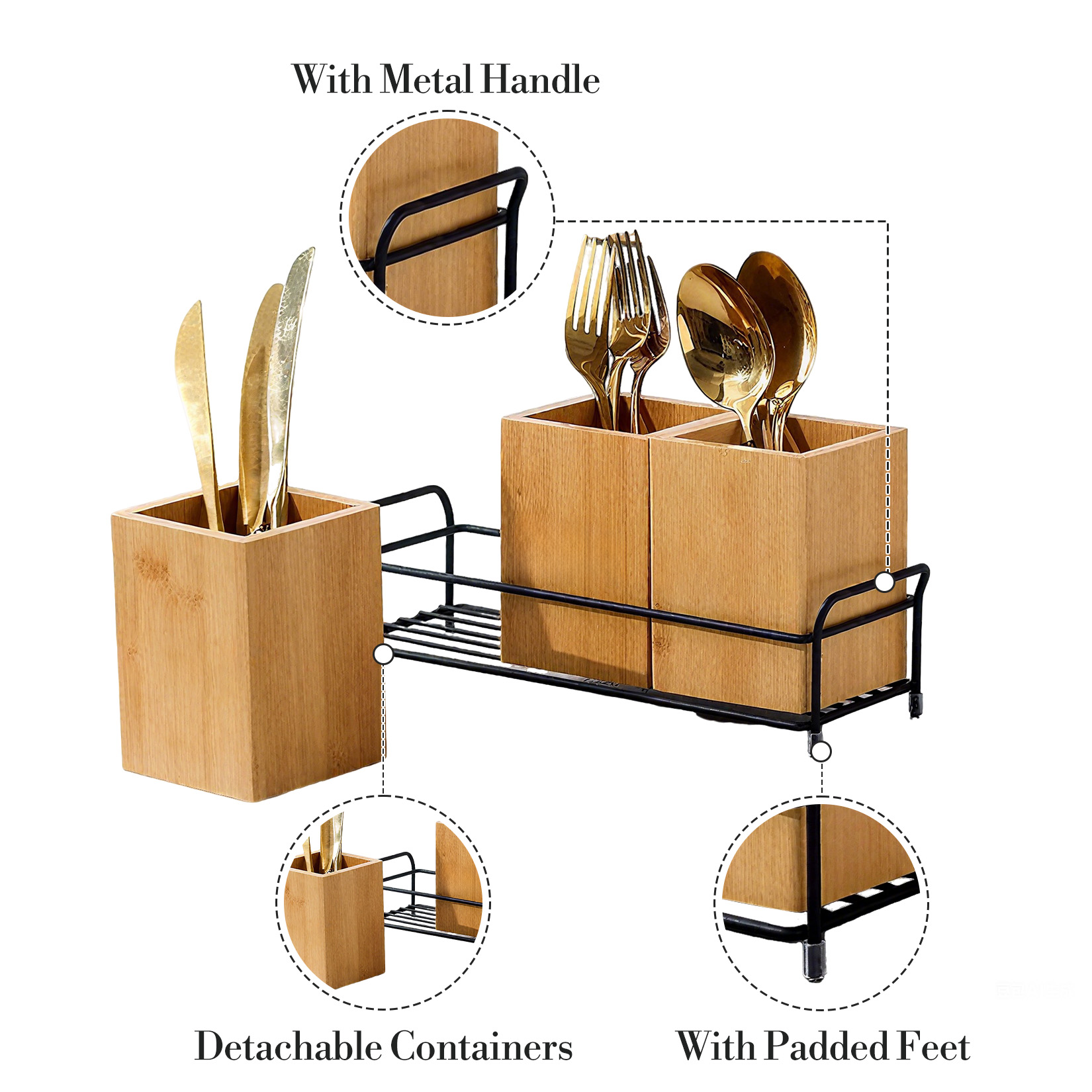 Flatware Caddy Fork Spoon Knife Organizer, Bamboo Utensil Holder, Wood Cutlery Holder Silverware Caddy with 3 Detachable Compartments & Handles for Kitchen Countertop Party