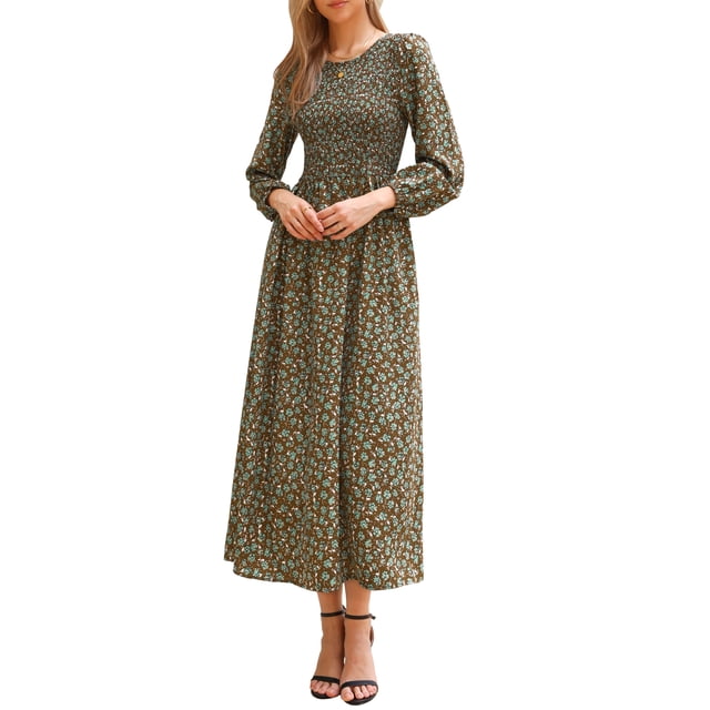 Vestido largo smock floral Inspire Chic para mujer, con mangas largas abullonadas, estilo A-line, vestido maxi boho de verano, color marrón