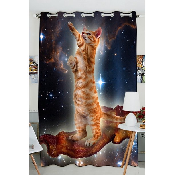 ABPHQTO Cortina de ventana con diseño de gato tocino divertido en el espacio, cortina de cocina, cortinas de ventana, panel para sala de estar, dormitorio, tamaño 130x210 cm (una pieza) ABPHQTO Window-SL07-One