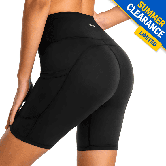 CAMBIVO Biker Shorts for Women with Pockets, High Waisted Workout Yoga Shorts, Squat Proof 4-Way Stretch Athletic Shorts for Gym Running Volleyball, Black