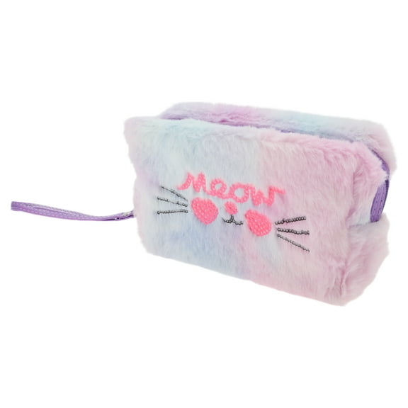 1 Pc Women Portable Sequin Plush Cat Makeup Bag for Travel Vacation Light Blue Plush
