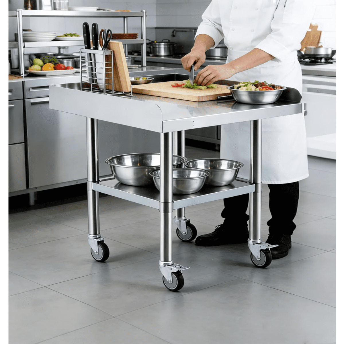 Stainless Steel Work Table,Commercial Food Prep Worktable with  3-Sided Backsplash&Height-Adjustable Shelf,Heavy Duty Portable Prep Worktable with 4 Wheels for Restaurant Home Hotel