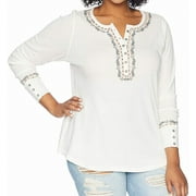 Women's Top Ivory Plus Embroidered Floral Henley 2X