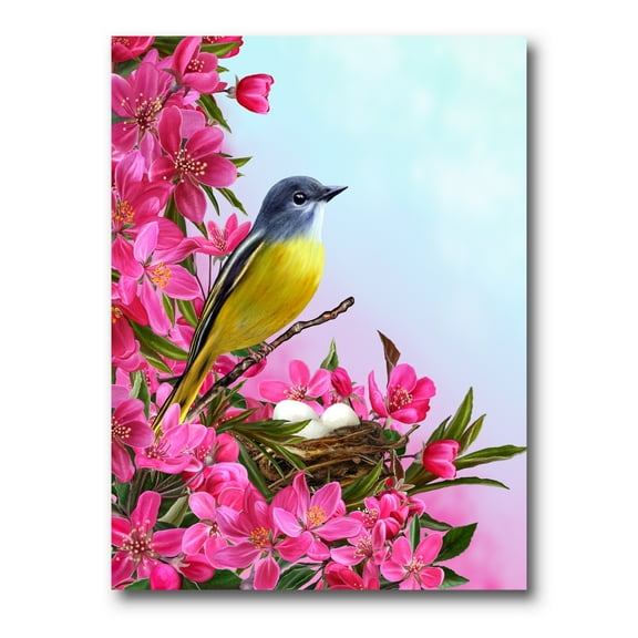Designart ' Little Yellow Bird Near The Nest with Pink Flowers ' Traditional Canvas Wall Art Print