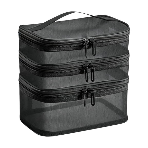 Triple Layers Cosmetic Travel Bag, Large Capacity Mesh Makeup Organizer, Water-Resistant Toiletry Case, Black