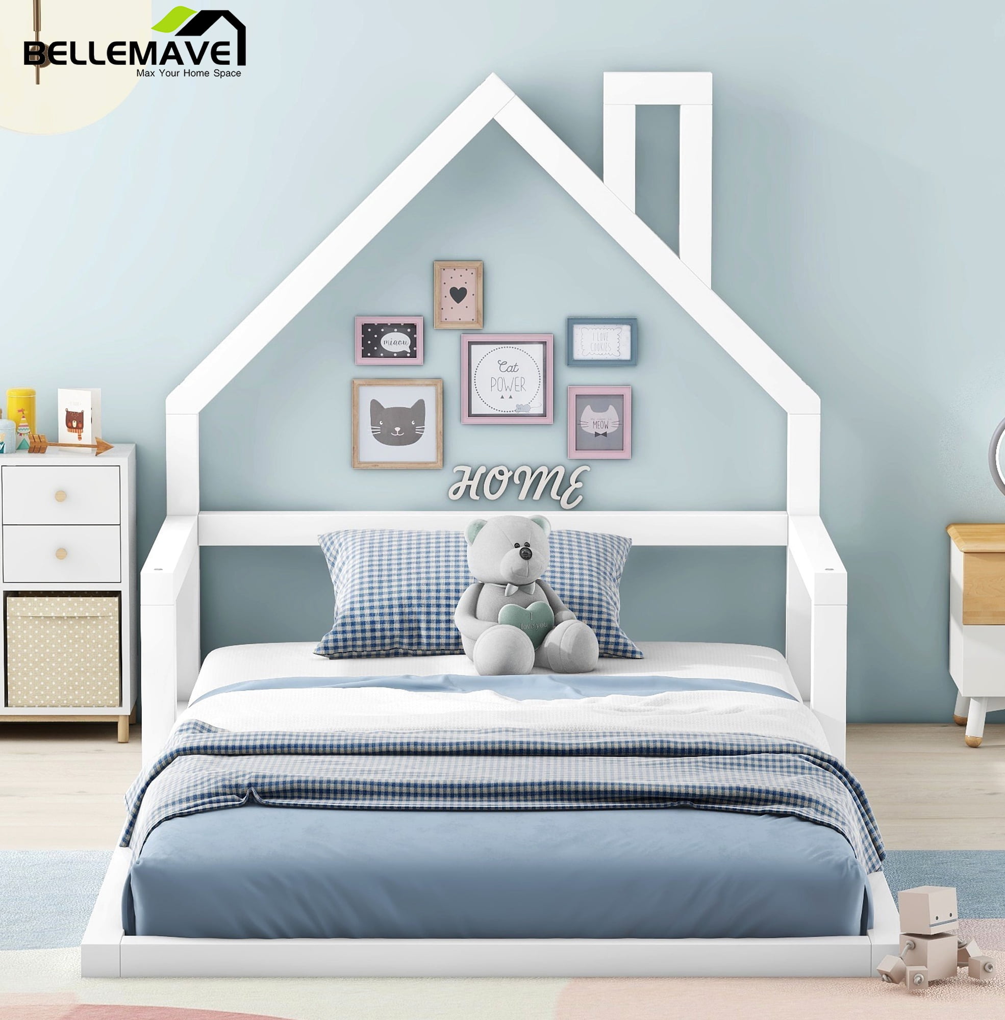 Bellemave Twin Size Wood Floor Bed with House-shaped Headboard  Montessori Floor Bed with Rails and Wooden Slats, No Box Spring Needed, White