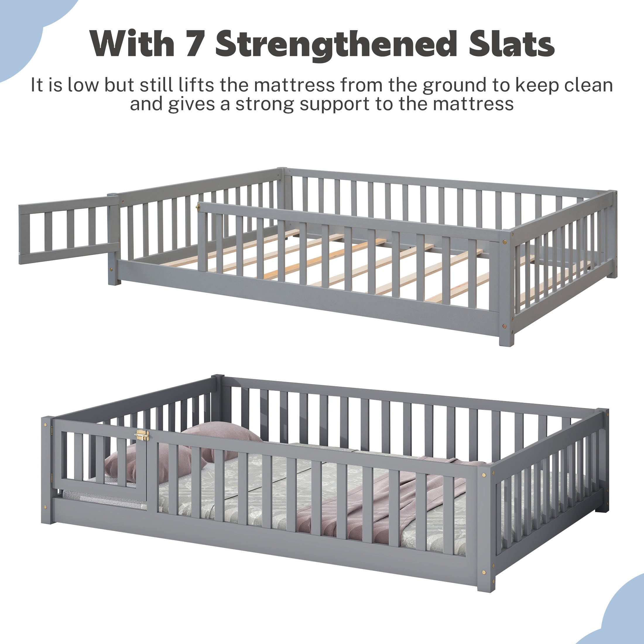 PAPROOS Full Montessor Floor Bed, Solid Wood Toddler Bed with Safety Guardrail and Door, Easy Assembly, Low-to-Floor Bed Frame with Slats for Kids, Gray