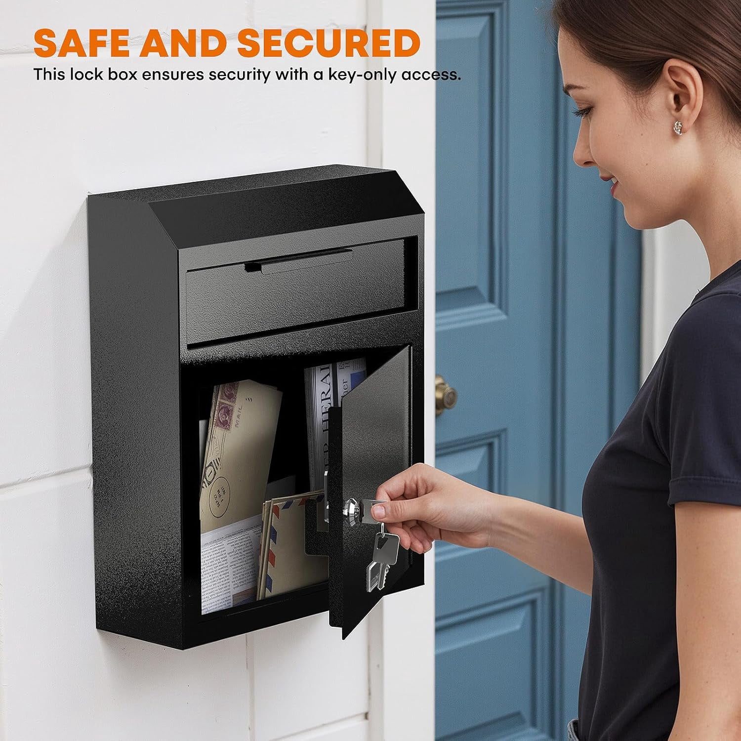Metateel Wall Mounted Locking Mailbox – Heavy Duty Key Drop Box with Anti-Theft Design for Rents Cash Mails Deposits Checks Envelopes – 12"W x 4.25"D x 14.75"H (Black)
