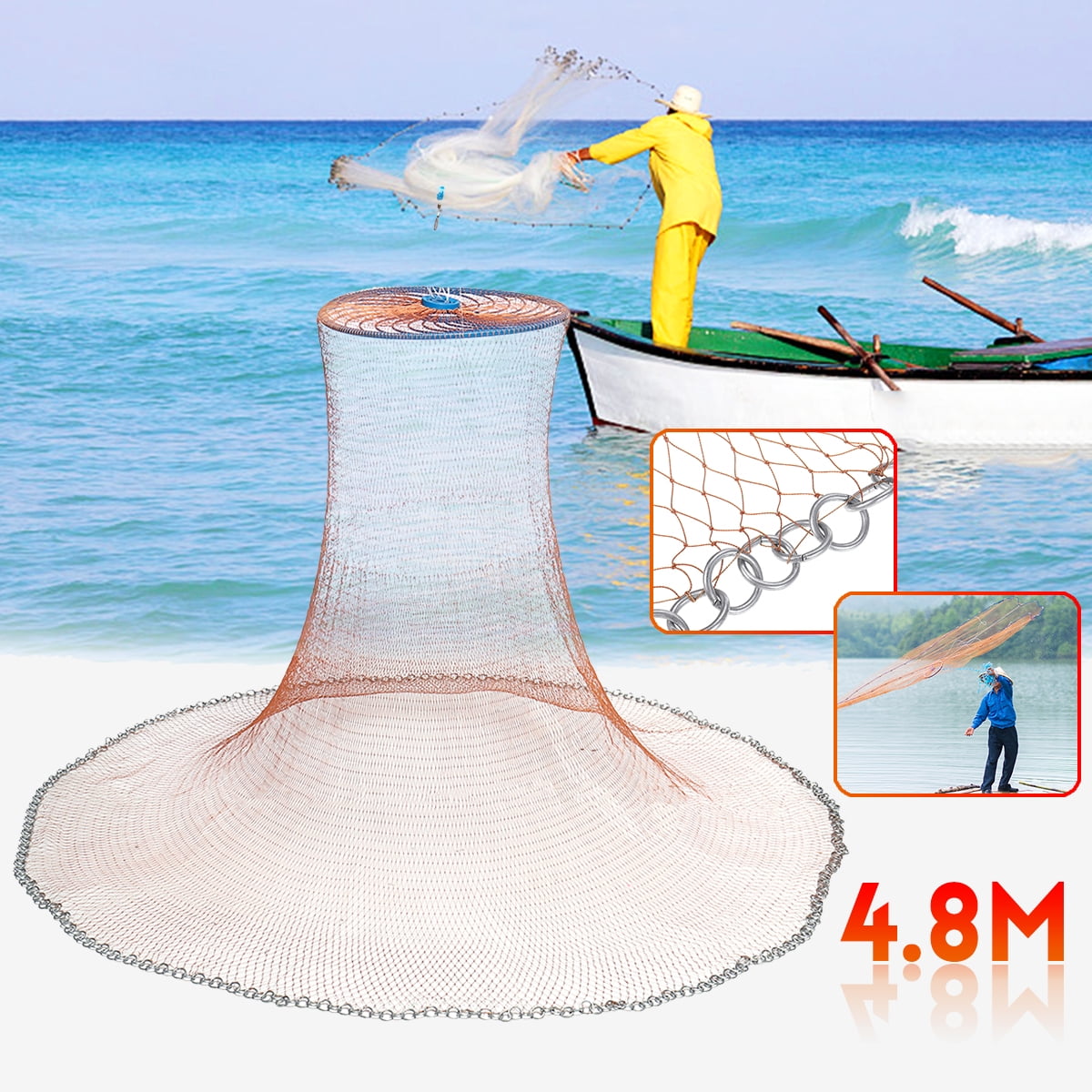 8FT 2.4m Fishing Net Bait Easy Throw Hand Casting 3/4" Strong Nylon