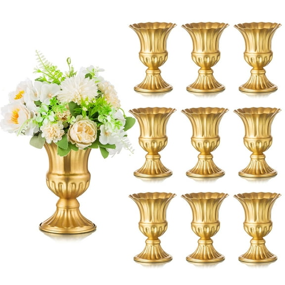 Nuptio Gold Flower Vase for Table Centerpiece,Metal Pedestal Floral Compote Vases for Wedding Home Decor Set of 10, 6 inch