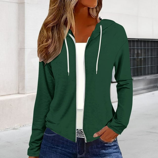 YLHFASHION Zip Up Jackets For Women 2025 Fall Basic Lightweight Sweatshirt Print Long Sleeve Shirts Drawstring Full Zip Hoodies Spring Savings Clearance Women's Long sleeve T-shirt