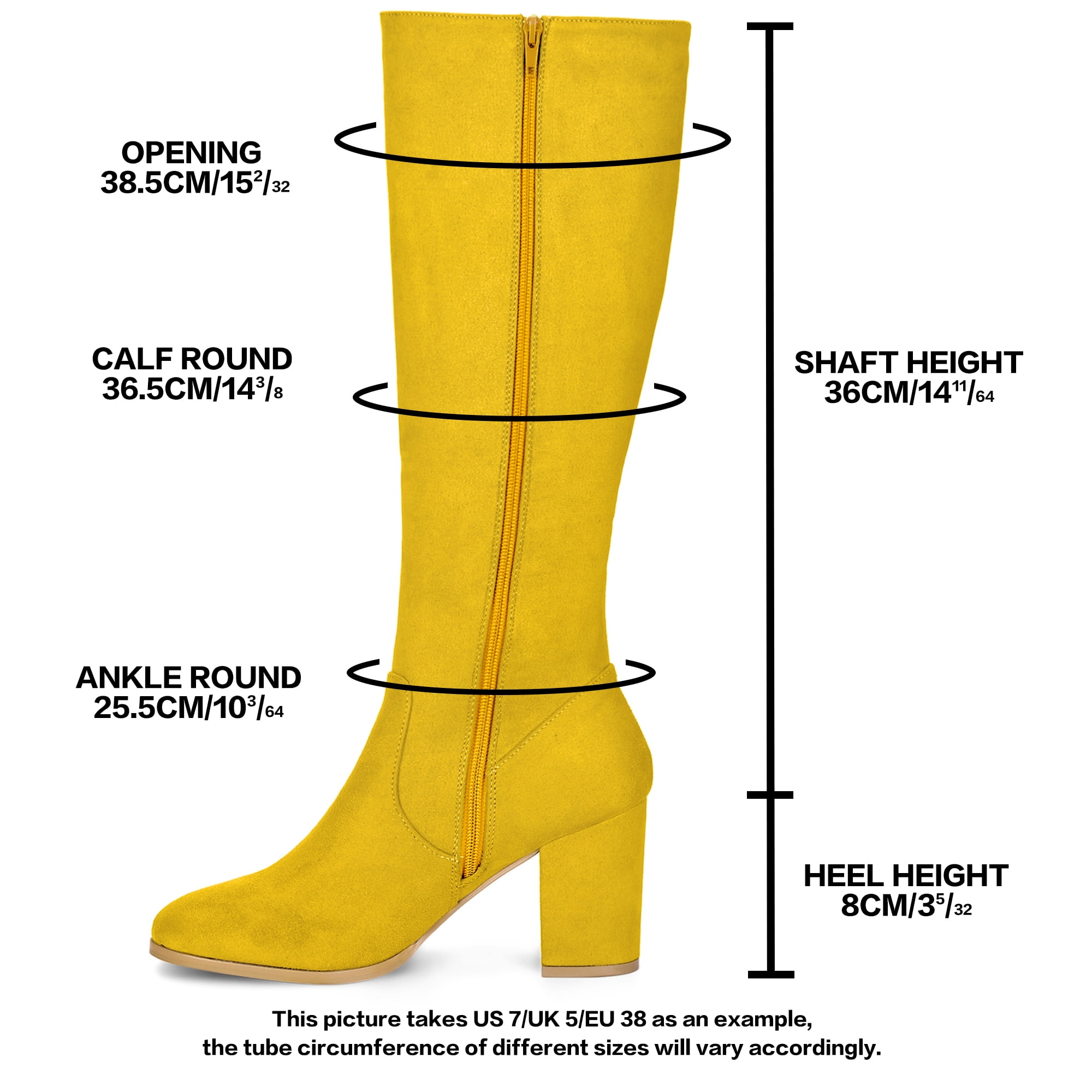 DARING DIVA Women's Stylish Side Zipper Chunky Heel Knee High Boots Yellow 10