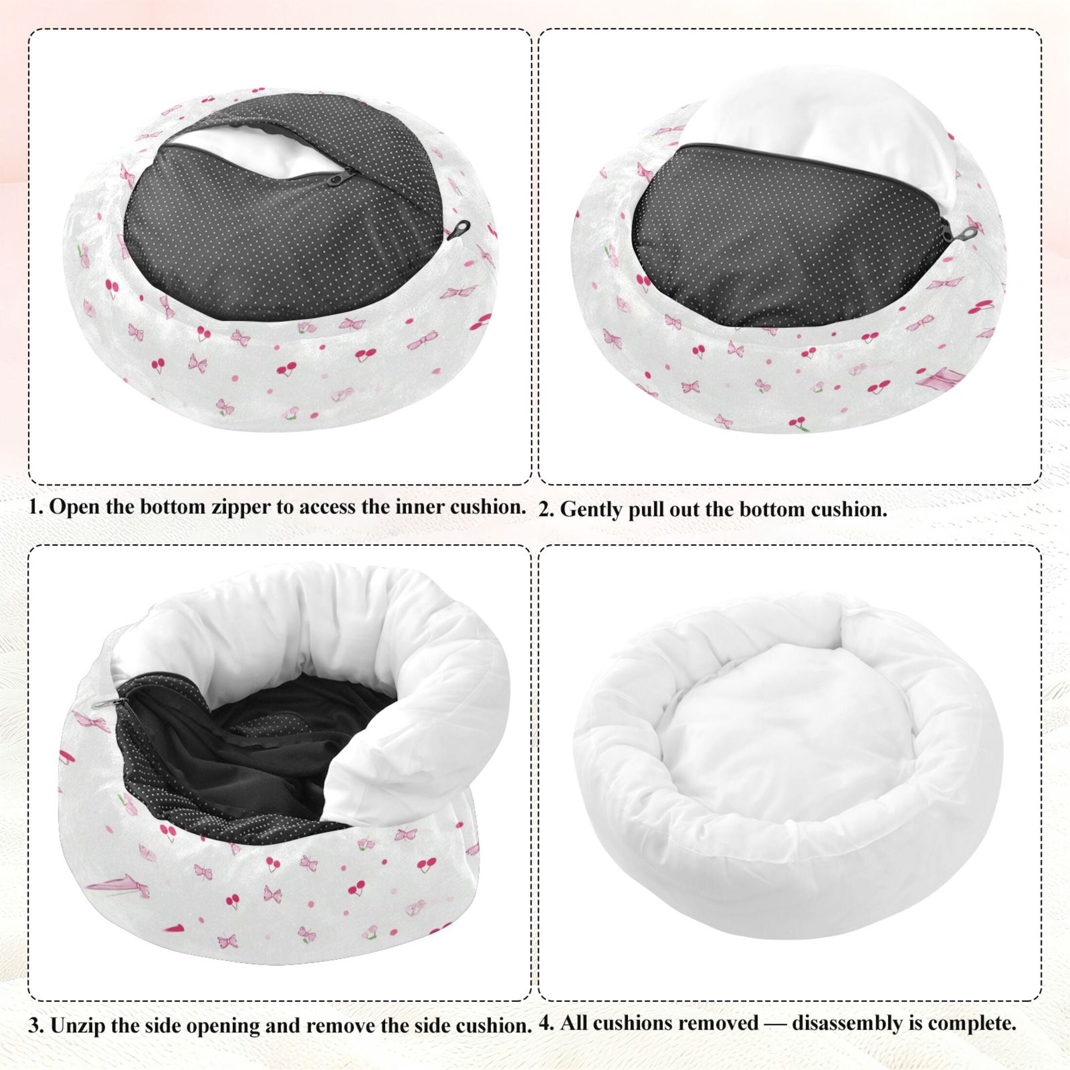 Iauyy Pet Couch Donut Cat Bed for Indoor Cats/Small Dogs Washable & Machine with Non-slip Bottom Calming Cat Furniture, Bows and Cherry Blossoms (M)