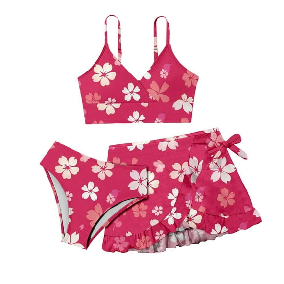 YOUSNH Kids Beach Floral Print 3 Piece Swimsuit Set for Girls Stylish Summer Swimwear for Big Kids and Tweens Girls' Swimwear Hot Pink 100